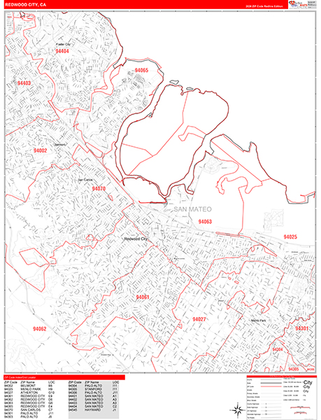 Redwood City Map Red Line Style
